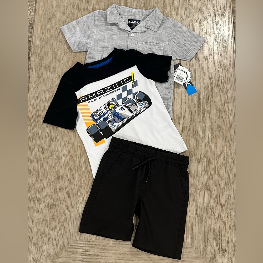 Tony Hawk. (Sz4) Kids Grey Striped Short-Sleeve ButtonUp w/ T-shirt & Shorts Set